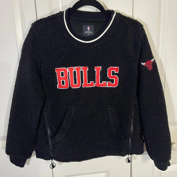 FISLL Chicago Bulls Sherpa Sweater Small Crewneck Pullover Black Embroidered Zip - Picture 1 of 13